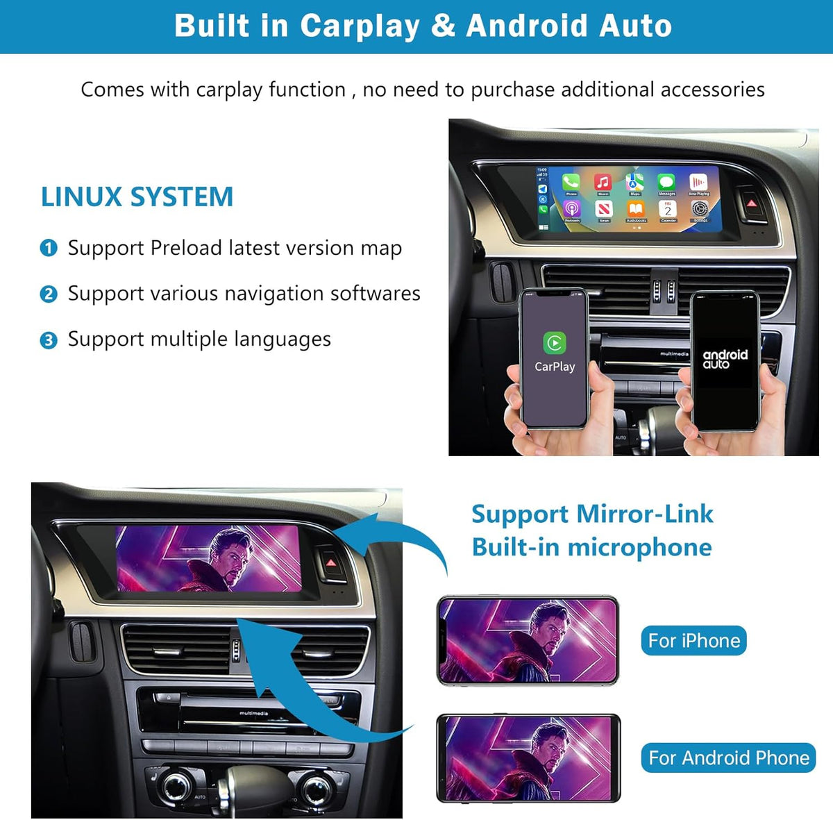 Ninetom Autoradio 8,9 inch touchscreen met draadloze Carplay en Android auto voor 2008-2016 Audi A5 S5 met 3G MMI+ systeem, ondersteunt mirrorlink, camera, navigatie