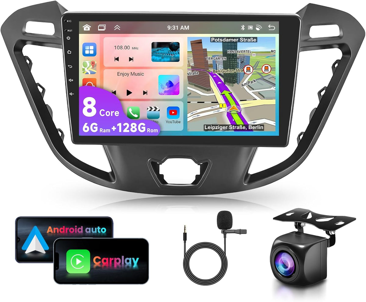 6G&128G VECHTEL 9" autoradio voor Ford Transit Tourio/Custom Tourneo 2013-2018 met CarPlay Android Auto,DSP,8 Core,Bluetooth RDS/FM-radio,Wi-Fi Navi/AHD achteruitrijcamera/CANBUS