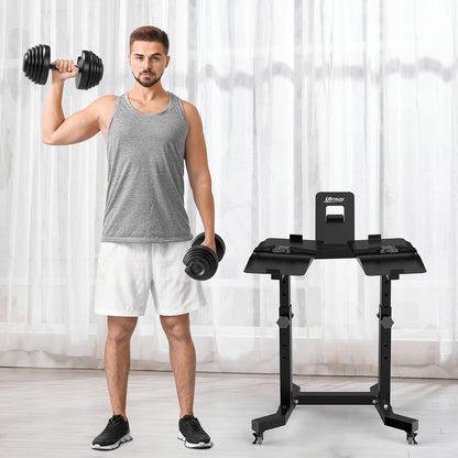 Dumbbellrek – Dumbbellstand – Halterrek – Dumbbellhouder – Opbergrek – Verstelbaar in 4 Hoogtes – Stabiel Stalen Frame met Tablet Houder en Wielen