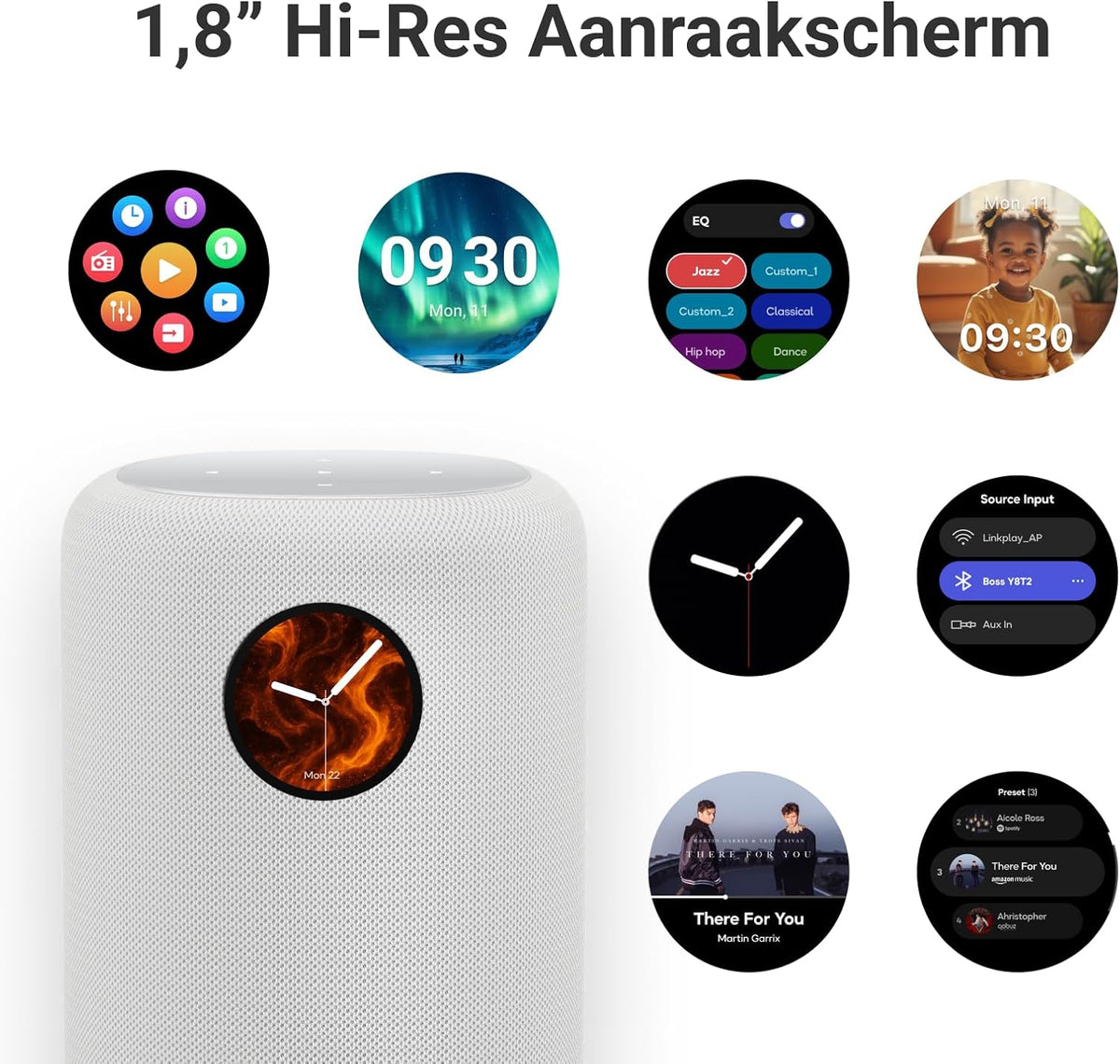 WiiM Sound slimme speaker met 1,8″ touchscreen, Hi-Res 24-bit/192 kHz, AI RoomFit™, 100 W piek, Wi-Fi 6E/Bluetooth 5.3, multiroom & stereoparing, afstandsbediening inbegrepen