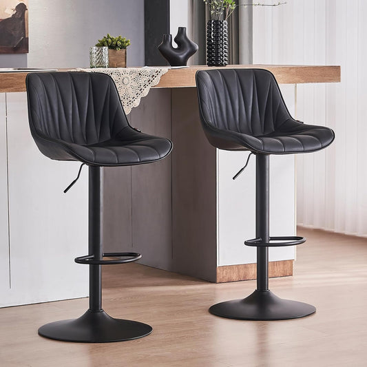 YOUTASTE Barkruk, set van 2 barstoelen, in hoogte verstelbaar, draaibaar met PU-leer, barkruk met rugleuning en voetensteun, zithoogte 57-82 cm, voor keuken, toonbank, bar, zwart