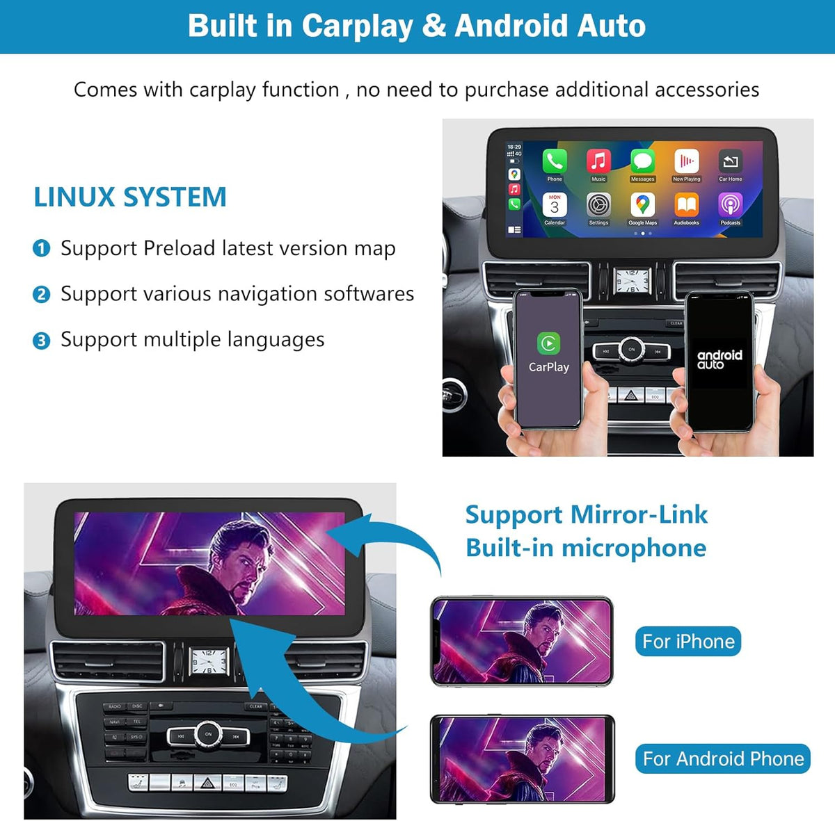Autoradio – Multimedia Speler – Navigatiesysteem – Touchscreen Radio – Carplay Android Auto – 12,3 Inch Groot Scherm – Draadloze Connectiviteit