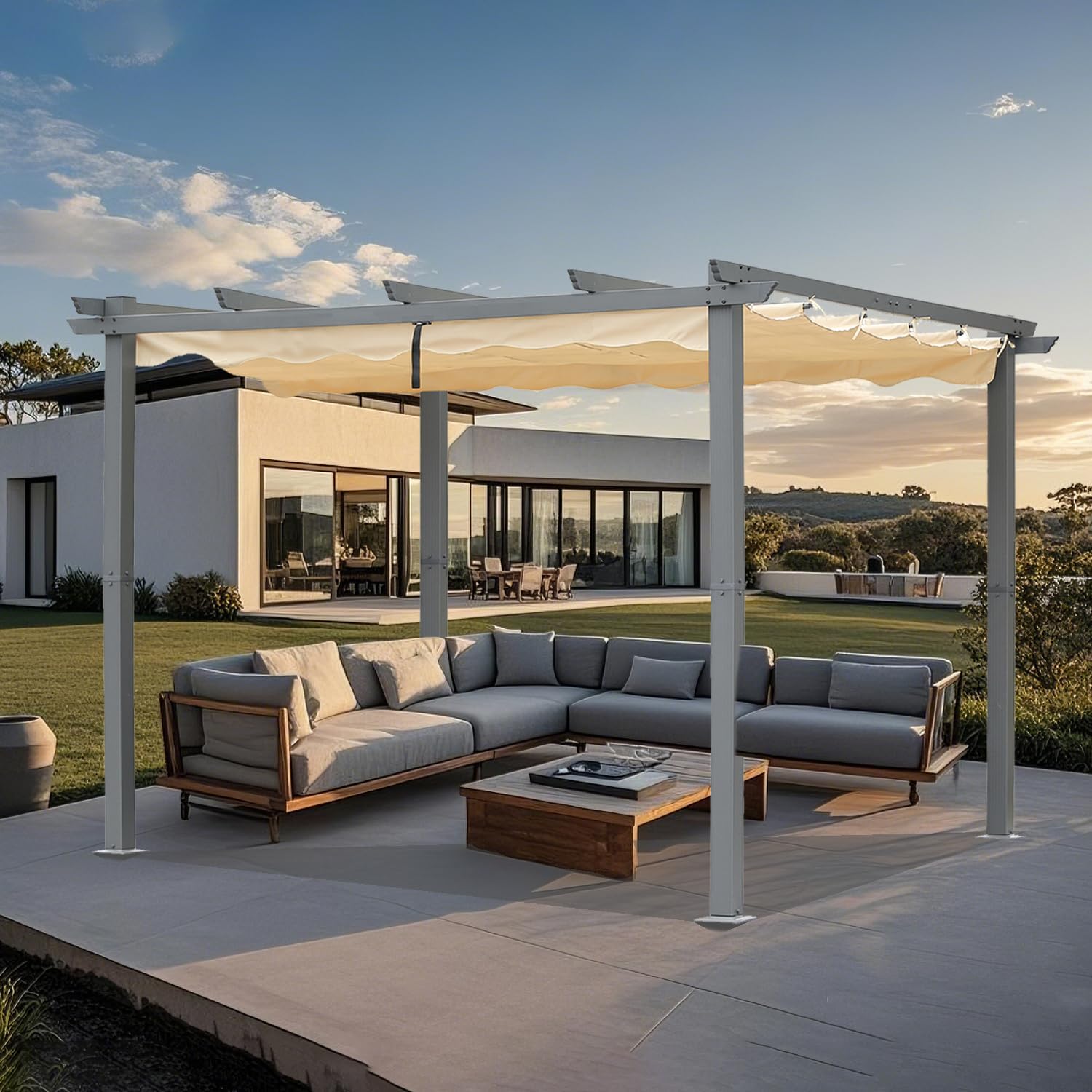 Angel Living Aluminium Pergola with Retractable Roof, Elegantly Designed Pavilion, Arbor with Water and UV Resistant Polyester Cloth, for Outdoor Use (Beige, 3x3m) - QUORE