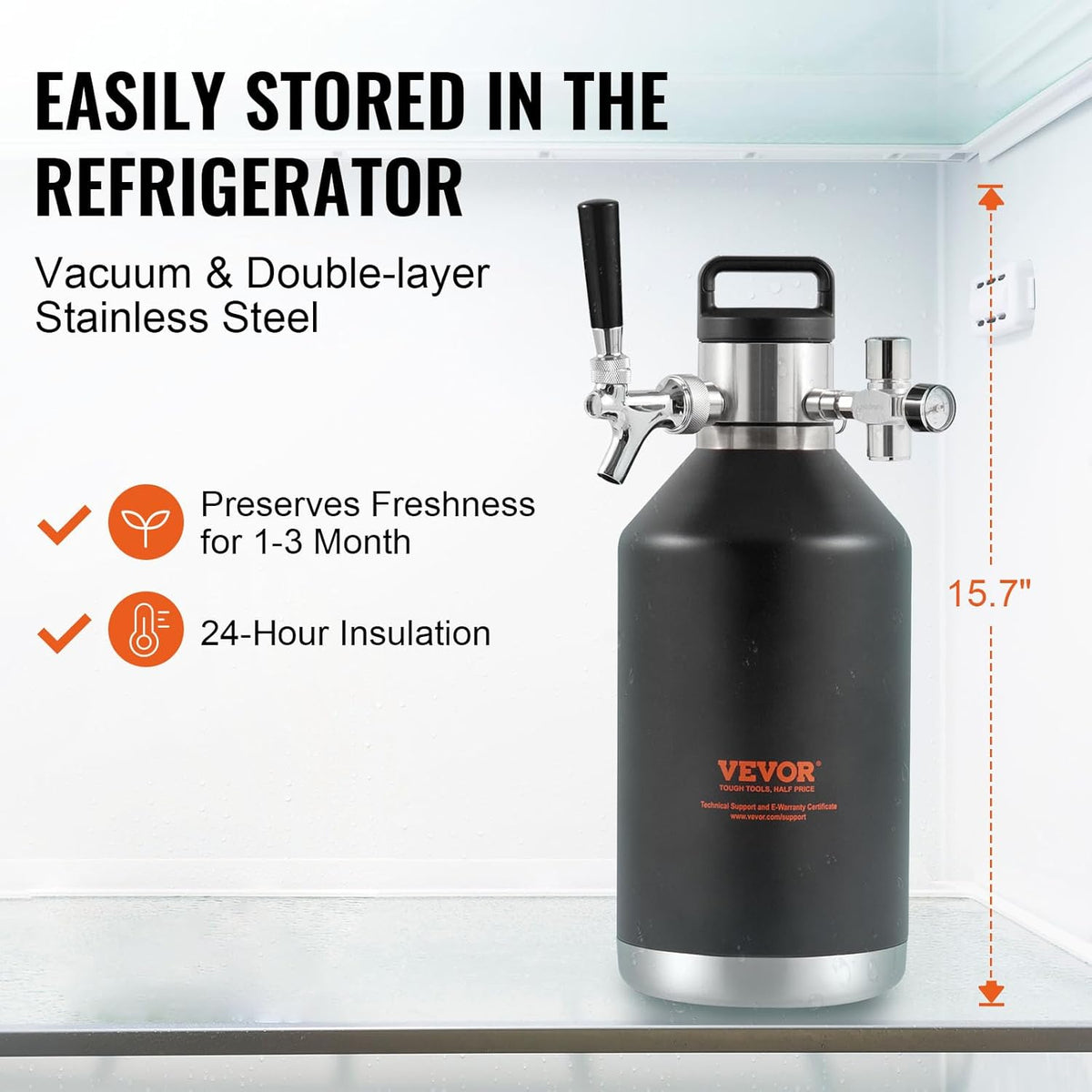 VEVOR Beer Growler Tap System, 120 oz 4L Mini Fat, 304 Roestvrij Staal Onder Druk Bier Growler, Keg Growler met Drukweergave, CO2 Regulator Kraan, Lekvrije Ring Voor Tocht, Homebrew, Craft Bier