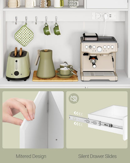 Hzuaneri Kitchen Cabinet, Buffet Cabinet, Tall Cabinet with Sockets and LED Light Strips, with Worktops and Two Drawers, Adjustable Shelves, Kitchen, 40 x 100 x 180 cm, White, PT00203XEU