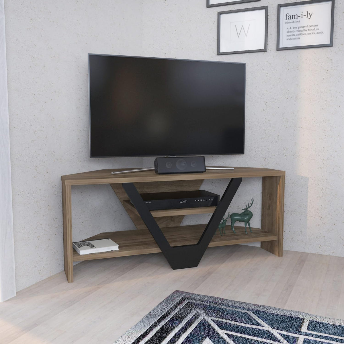 Hanah Home Stijlvolle tv-standaard, walnoot & zwart, 90 x 35 x 36,8 cm, 100% melamine gecoat verdeelbord, 18 mm dik, modern design voor woonkamer en entertainmentruimtes