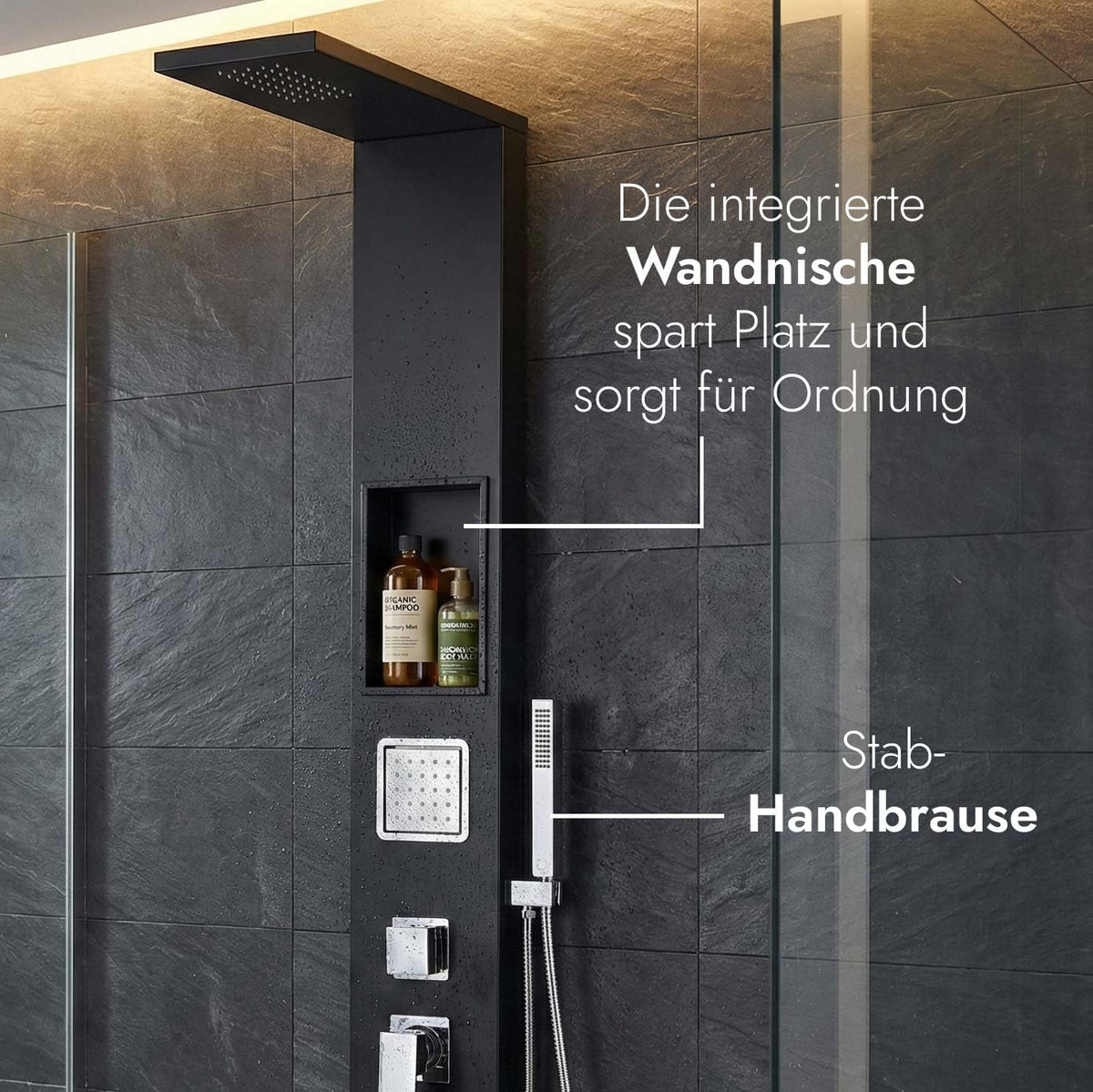 Douchepaneel, mat zwart, met mengventiel incl. geïntegreerd wandnis, massagedouchepaneel, regendouche, douchesysteem met handdouche