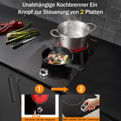 Keramische Kookplaat – Elektrische Kookplaat – Inbouw Kookplaat – Vrijstaande Kookplaat – 2-Pits Kookplaat – Compact 30 cm – 2800W Met 9 Warmtestanden