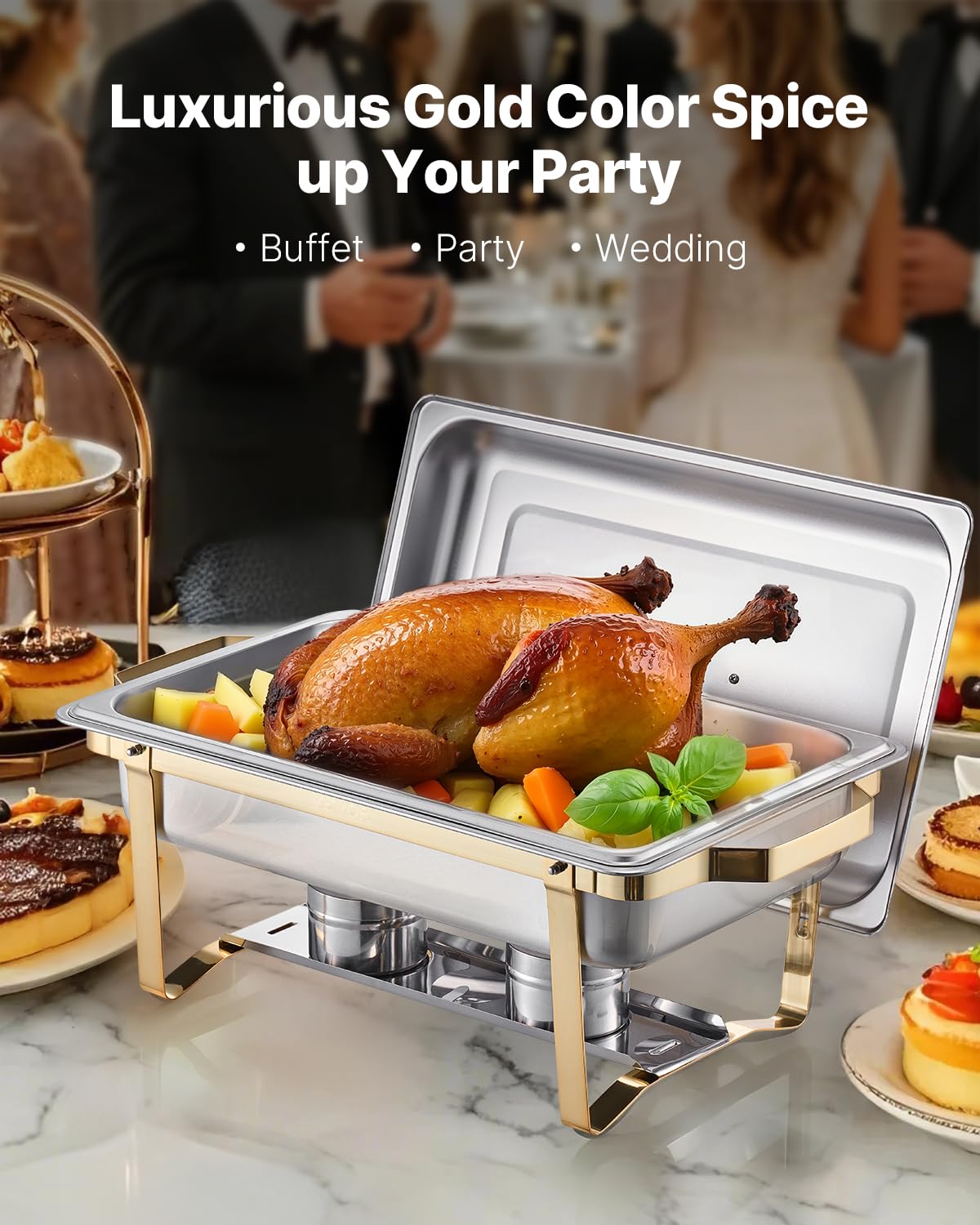 Buffetset – Buffetverwarmer – Chafing Dish – Warmhoudpan – Warmhoudset – Goudkleurig RVS – 2x 7,5 L + 4x 4 L Bakken