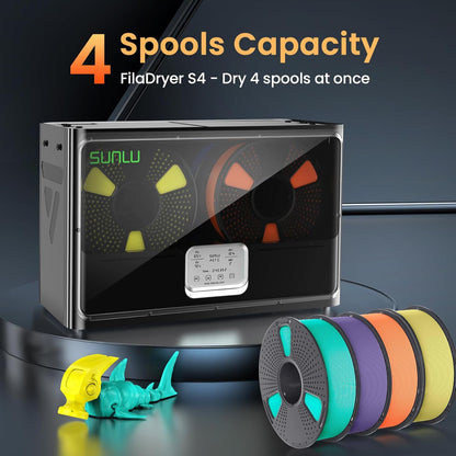 SUNLU Officiël 3D Printer Filament Droger S4, Capaciteit van 4 Spoelen, 3 Circulatieventilatoren, 350W PTC Verwarmer, Maximale Temperatuur 70℃, Intelligente Vochtigheidsregeling, Zwart