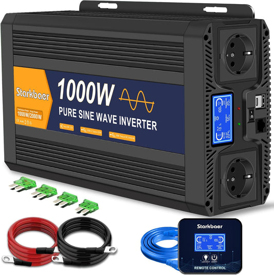 1000W/2000W omvormer 12V naar 230V zuivere sinusspanningsomvormer, autoomvormer met LCD-scherm, afstandsbediening, 2 EU AC-stopcontacten, 1 Type-C en 1 USB-poort
