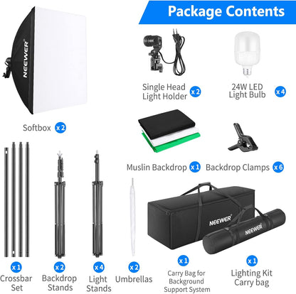 Achtergrondsteunsysteem – Achtergrondframe – Achtergrondstandaard – Achtergrondsysteem – Fotostudio Set – 3 Achtergronden Zwart, Wit En Groen – 4 X 45 W Daglichtlampen 5500 K
