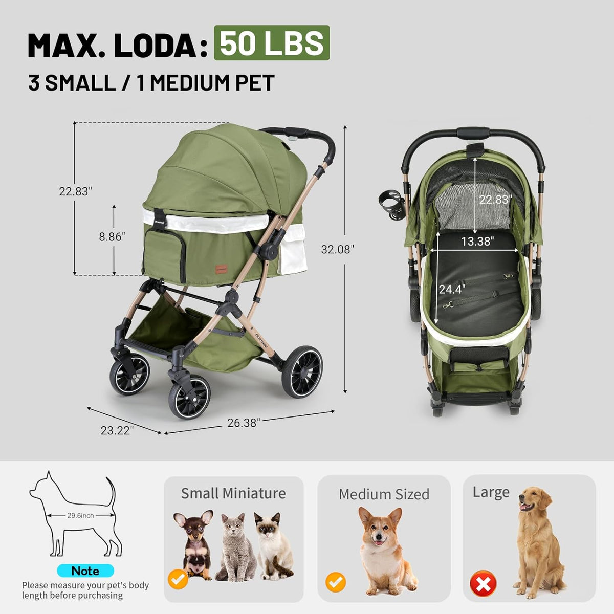 EchoSmile Opvouwbare hondenwagen, hondenbuggy tot 20 kg, voor kleine middelgrote honden en katten, hondenbuggy en kattenwagen met omkeerbare handgreep, schokdemping en afneembaar wasbaar kussen (groen