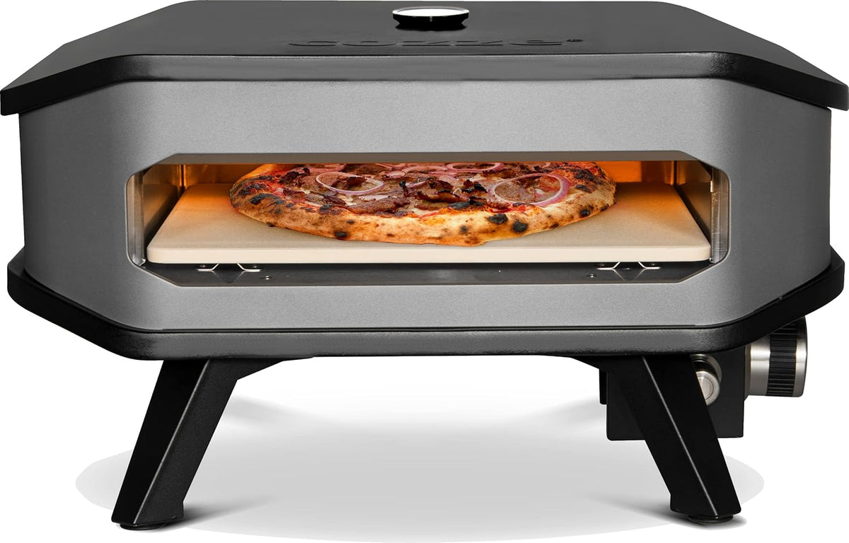 Cozze® 90349 13" Gas Pizza oven met thermometer mobiele pizzasteen gasgrill tot 400 graden regelbaar met 34 x 34 cm pizzasteen draagbaar terras balkon zwart