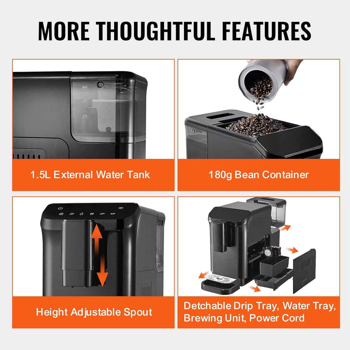 VEVOR Automatische espressomachine, professionele espressomachine 15 bar met geïntegreerde molen, 15 maalstanden, met 1,5 l waterreservoir en 180 g bonentrechter, voor kantoor