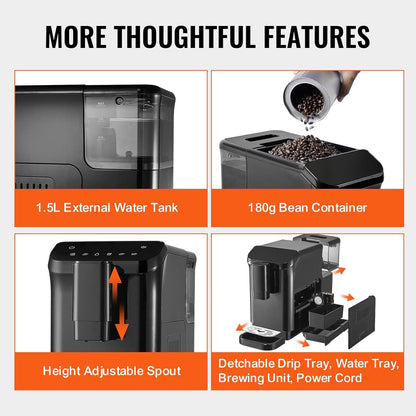 VEVOR Automatische espressomachine, professionele espressomachine 15 bar met geïntegreerde molen, 15 maalstanden, met 1,5 l waterreservoir en 180 g bonentrechter, voor kantoor