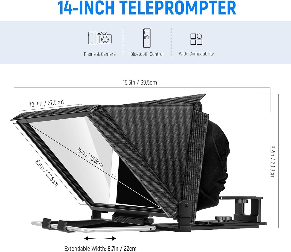 Teleprompter – Autocue – Camera Prompter – Scriptscherm – Videoprompter – 14 Inch Aluminiumlegering – Afstandsbediening En App