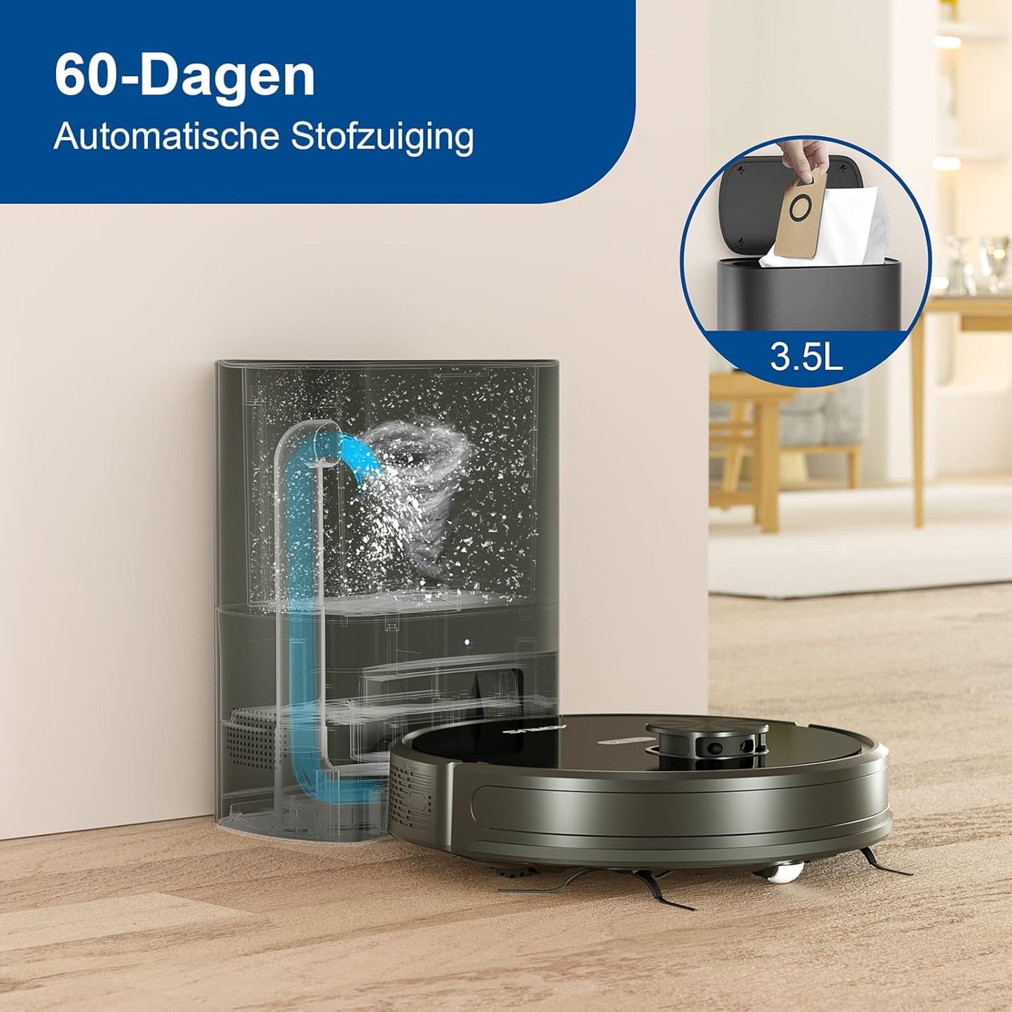 Robotstofzuiger – Robotstofzuiger met dweilfunctie – Robotveger – Automatische Stofzuiger – Dweilrobot – Lasernavigatie – 3700 Pa Zuigkracht – 3,5L Automatisch Afzuigstation