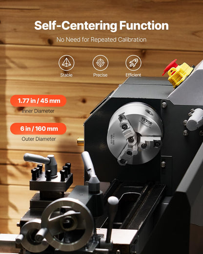 VEVOR 3-jaw lathe holder, 160 mm, self-centering chuck with 1 1/2"-8 threaded support plate, 3-145 mm clamping range with T-wrench screws, HT300 material, for wood-metal lathe