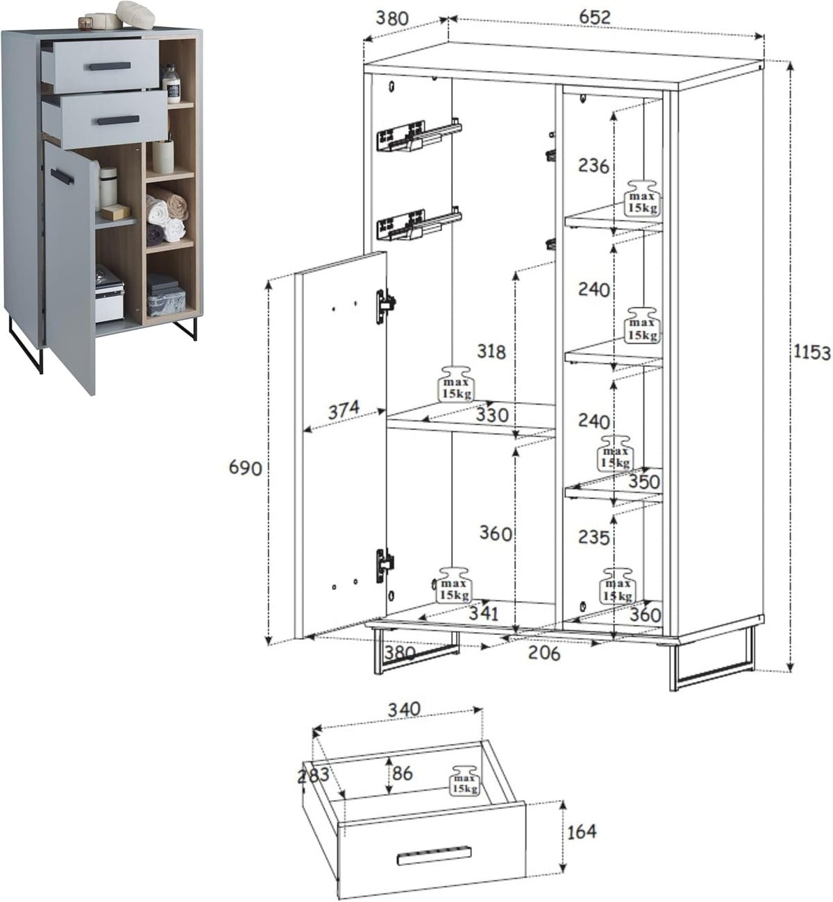 Stella Trading Tunis badkamercommode in grijs/eiken sonoma-look, badkamerkast met veel opbergruimte, houtmateriaal