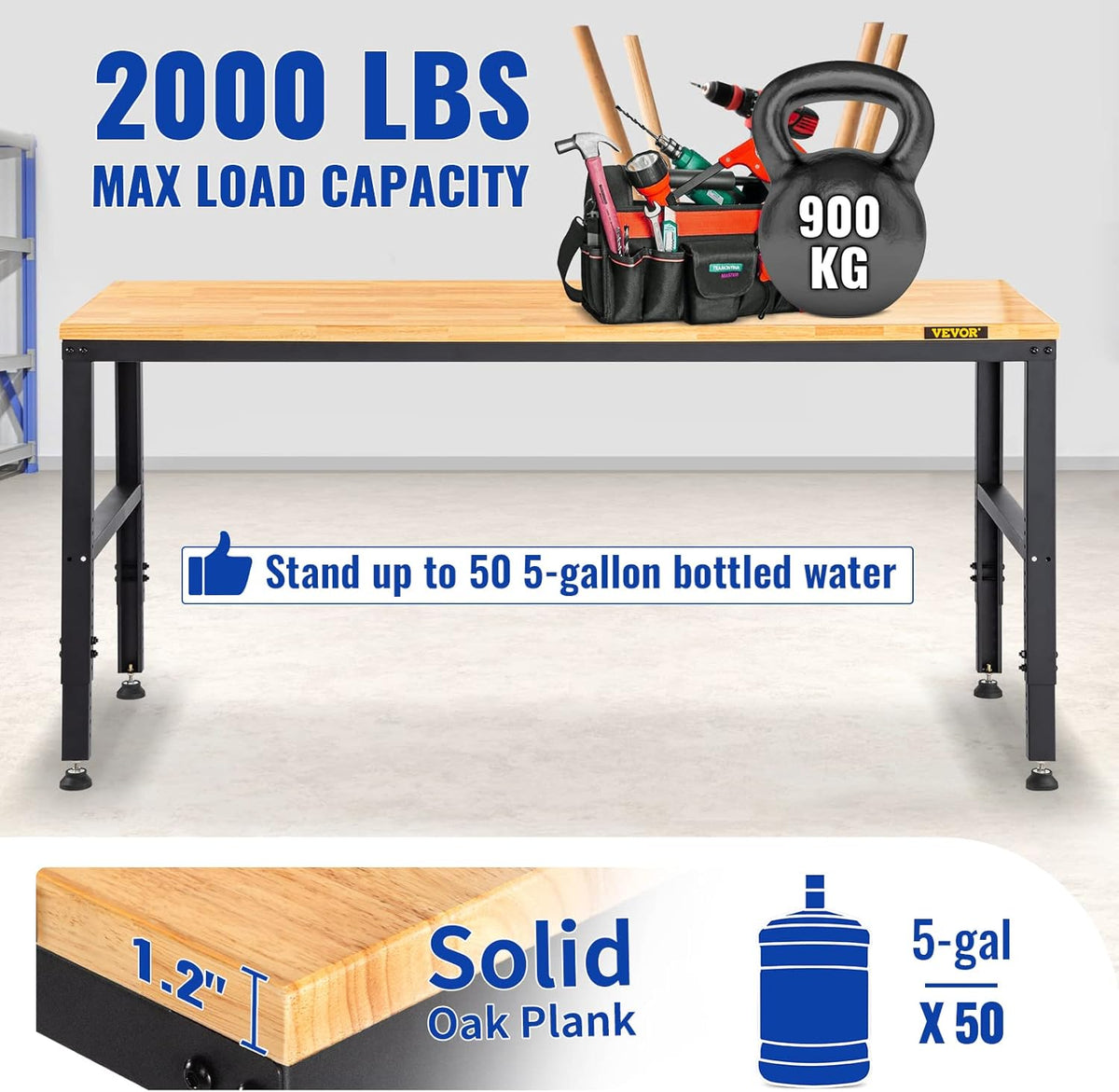 VEVOR Workbench 1550 x 508 mm Workshop Table, Height Adjustable 688-910 mm, Capacity 900 kg, Includes Power Connections, Hardwood Surface, Metal Frame and Foot Pads, Ideal for Garage,