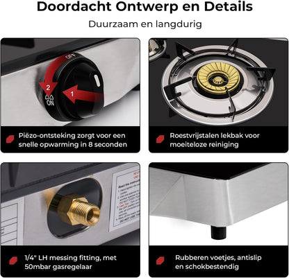 Draagbare Gaskookplaat – Gasstel – Campingkookplaat – Outdoor Kooktoestel – Gasfornuis – 3 Branders – 6250W Vermogen – Gehard Glasplaat