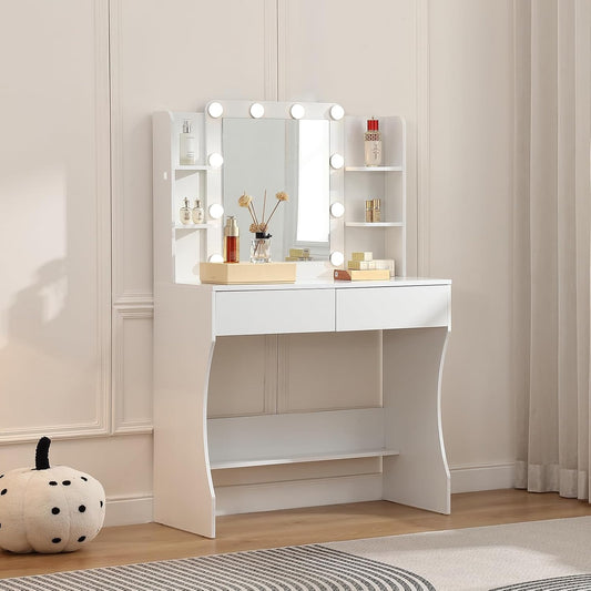 Make-up Tafel – Schminktafel – Visagietafel – Dressing Table – Kaptafel – Compact Formaat – 3 Kleuren LED Verlichting – 2 Ruime Lades – Wit - QUORE
