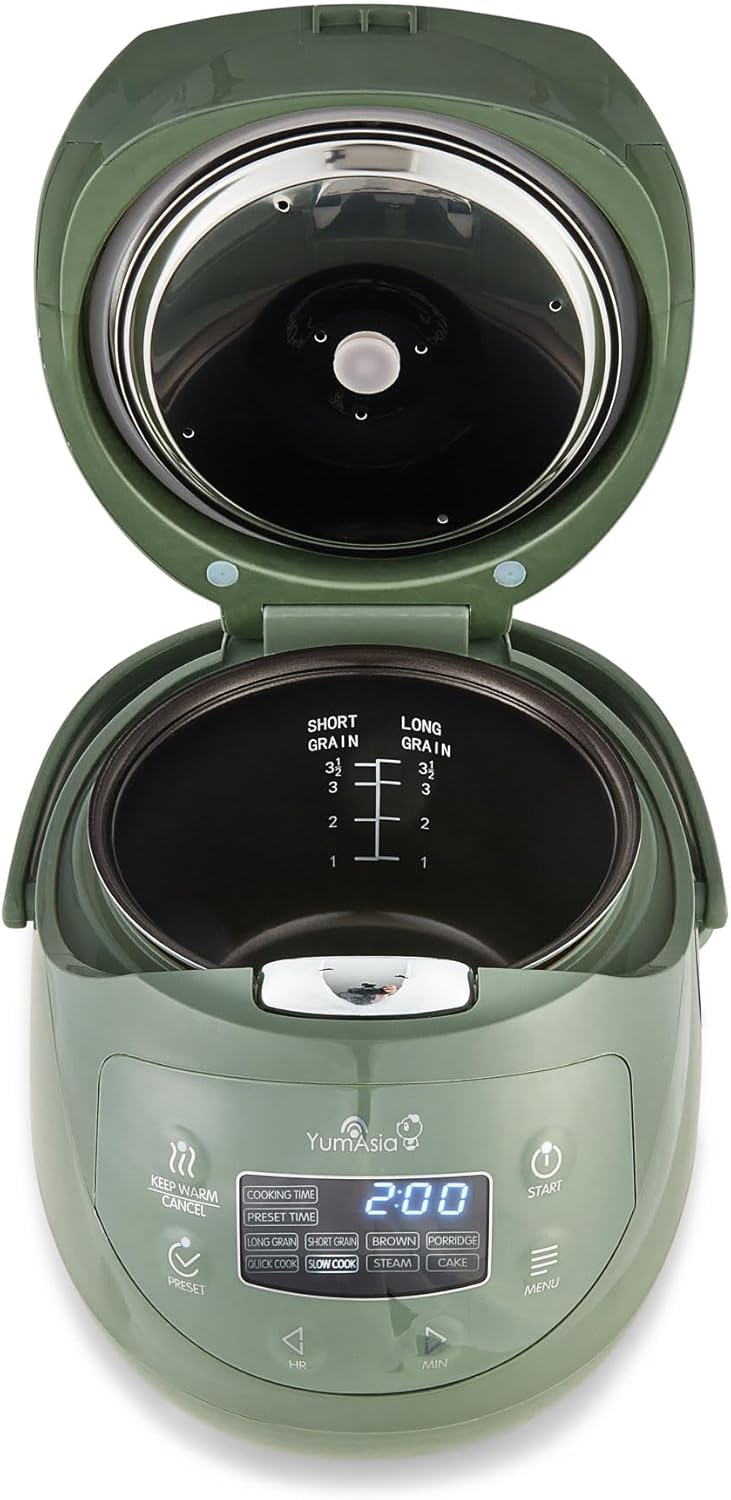Yum Asia Panda Mini Rijstkoker Met Ninja Keramische Kom en Advanced Fuzzy Logic (3,5 kop, 0,63 liter) 4 Rijstkookfuncties, 4 Multicooker-functies, LED-display, 220-240V (Saliegroen)