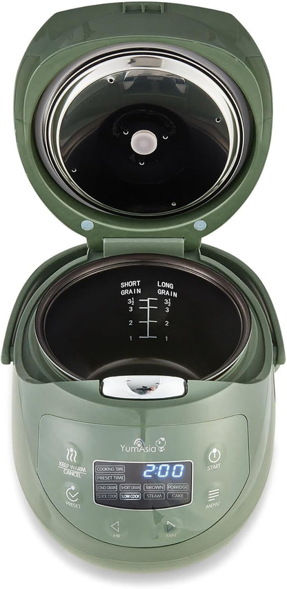 Yum Asia Panda Mini Rijstkoker Met Ninja Keramische Kom en Advanced Fuzzy Logic (3,5 kop, 0,63 liter) 4 Rijstkookfuncties, 4 Multicooker-functies, LED-display, 220-240V (Saliegroen)