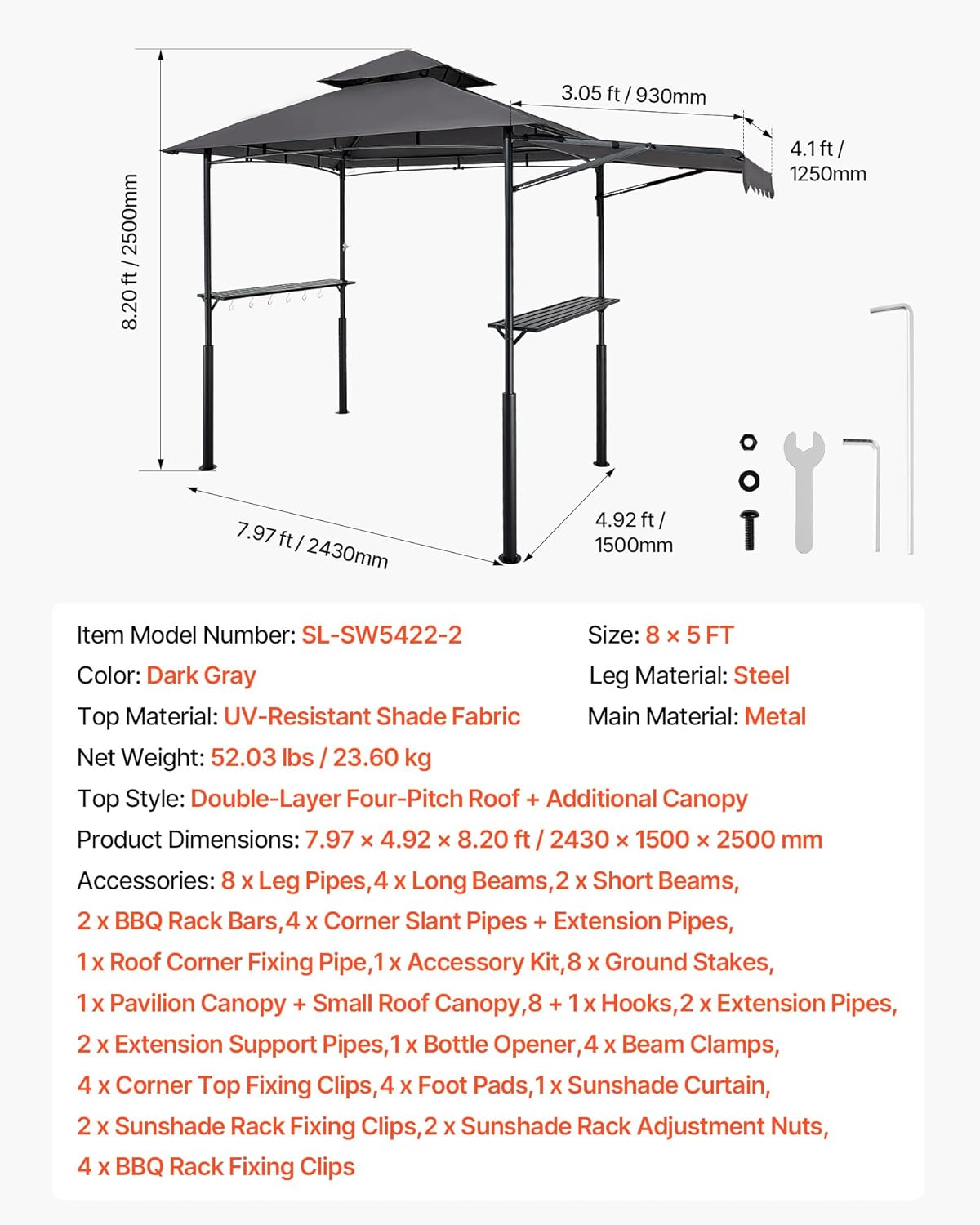VEVOR Grillpaviljoen, 2,4 x 1,5 m dubbel gelaagd bovenblad, versterkt barbecue-paviljoen met extra luifel, gepoedercoat stalen terrasgrillonderdak met 2 zijplanken en haken, buitengrillluifel voor