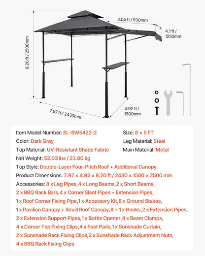 VEVOR Grillpaviljoen, 2,4 x 1,5 m dubbel gelaagd bovenblad, versterkt barbecue-paviljoen met extra luifel, gepoedercoat stalen terrasgrillonderdak met 2 zijplanken en haken, buitengrillluifel voor