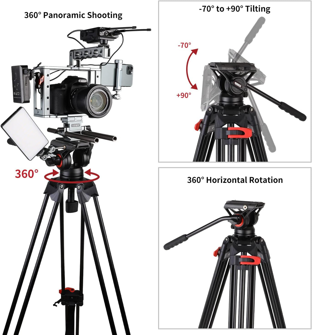 COMAN Camerastatief, 188 cm, robuust statief voor professionele videocamera's, draagtas, 8 kg, inclusief snelwisselplaat, fotostatief, statief