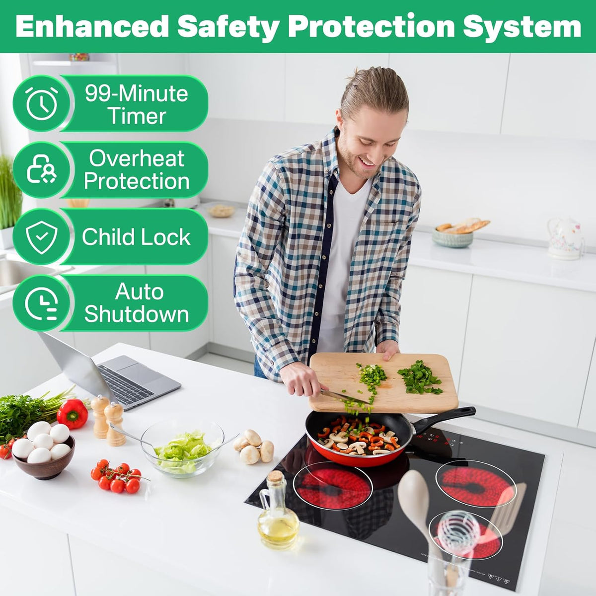 Keramische kookplaat met 4 branders, 60 cm, 6000 W, touch-bediening, verwarming met één zone, onderbouw