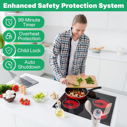 Keramische kookplaat met 4 branders, 60 cm, 6000 W, touch-bediening, verwarming met één zone, onderbouw