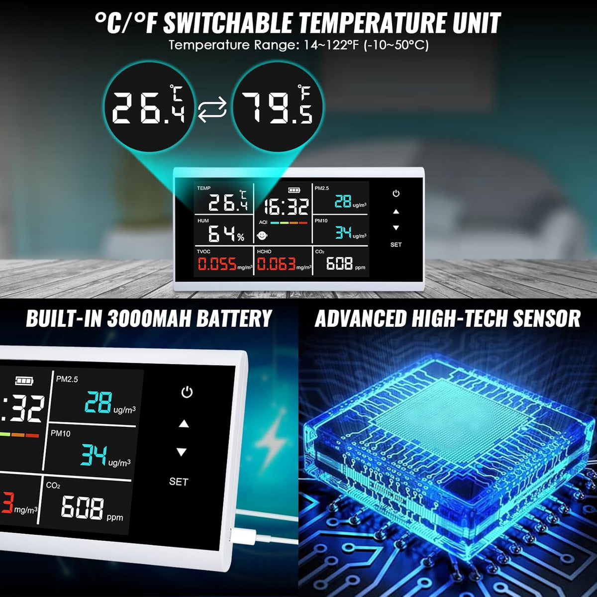 9-in-1 slimme luchtkwaliteitsmonitor, CO2, PM2.5, PM10, HCHO, TVOC, temperatuur, vochtdetector, touchscreen-display, luchtkwaliteitstester, real-time monitor, luchtvervuilingssensor, oplaadbaar