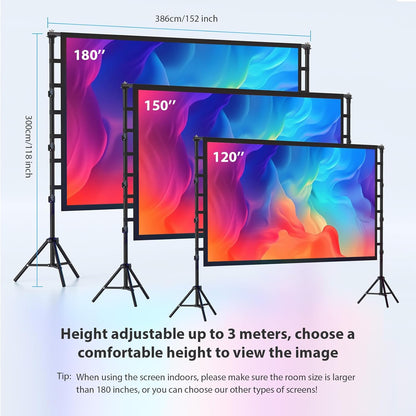 180 inch groot projectiescherm met statief, grote projectieschermstandaard voor buiten, draagbaar, met draagtas, voor binnen, HD 16:9 achter achter verstelbaar