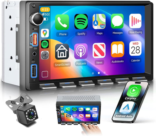 VECHTEL 7 inch autoradio, 2 Din met draadloze Carplay Android auto, FM-radio met Blurtooth, GPS navigatie, 2 USB/SD/AUX, online video, spiegellinks, IPS-touchscreen, auto met achteruitrijcamera