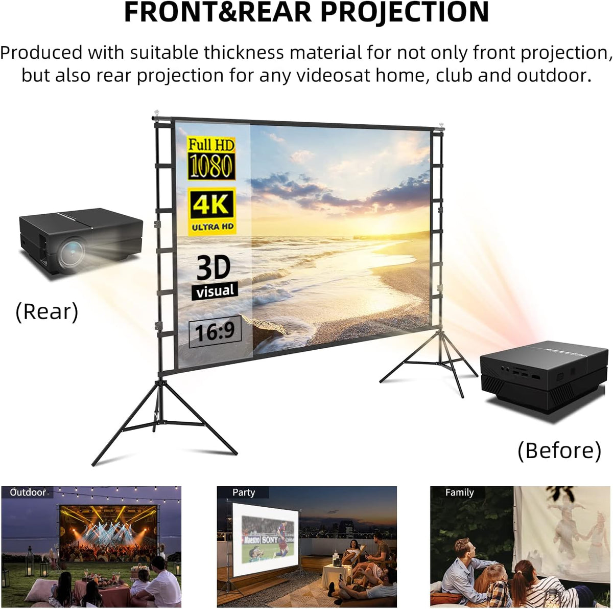 Projectorscherm met standaard, 150 inch filmprojectiescherm voor binnen en buiten, 4K HD 16: 9 kreukvrij ontwerp voor filmavond in de achtertuin (gemakkelijk schoon te maken, 1,1 versterking, 160 °