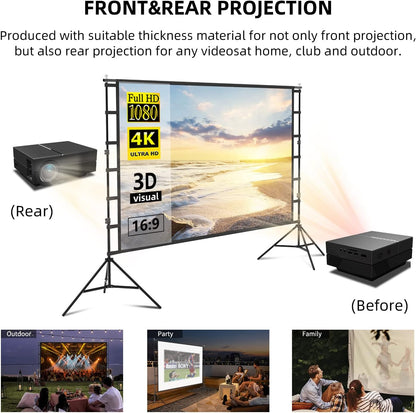 Projectorscherm met standaard, 150 inch filmprojectiescherm voor binnen en buiten, 4K HD 16: 9 kreukvrij ontwerp voor filmavond in de achtertuin (gemakkelijk schoon te maken, 1,1 versterking, 160 °