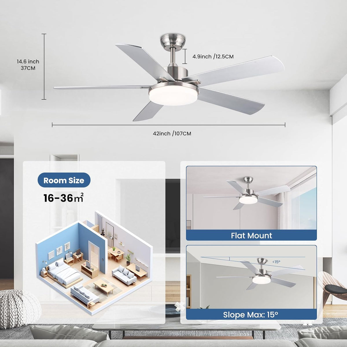 Newday 107CM Zilveren Plafondventilator met 5 Blades, Rustige Plafondventilator met Licht en Afstandsbediening voor Slaapkamer, Omkeerbare Plafondventilator met Lamp Dimbaar