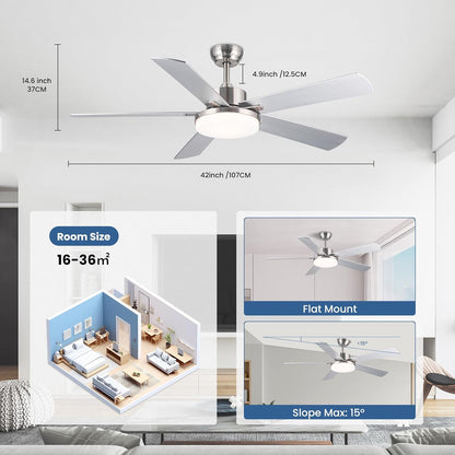 Newday 107CM Zilveren Plafondventilator met 5 Blades, Rustige Plafondventilator met Licht en Afstandsbediening voor Slaapkamer, Omkeerbare Plafondventilator met Lamp Dimbaar