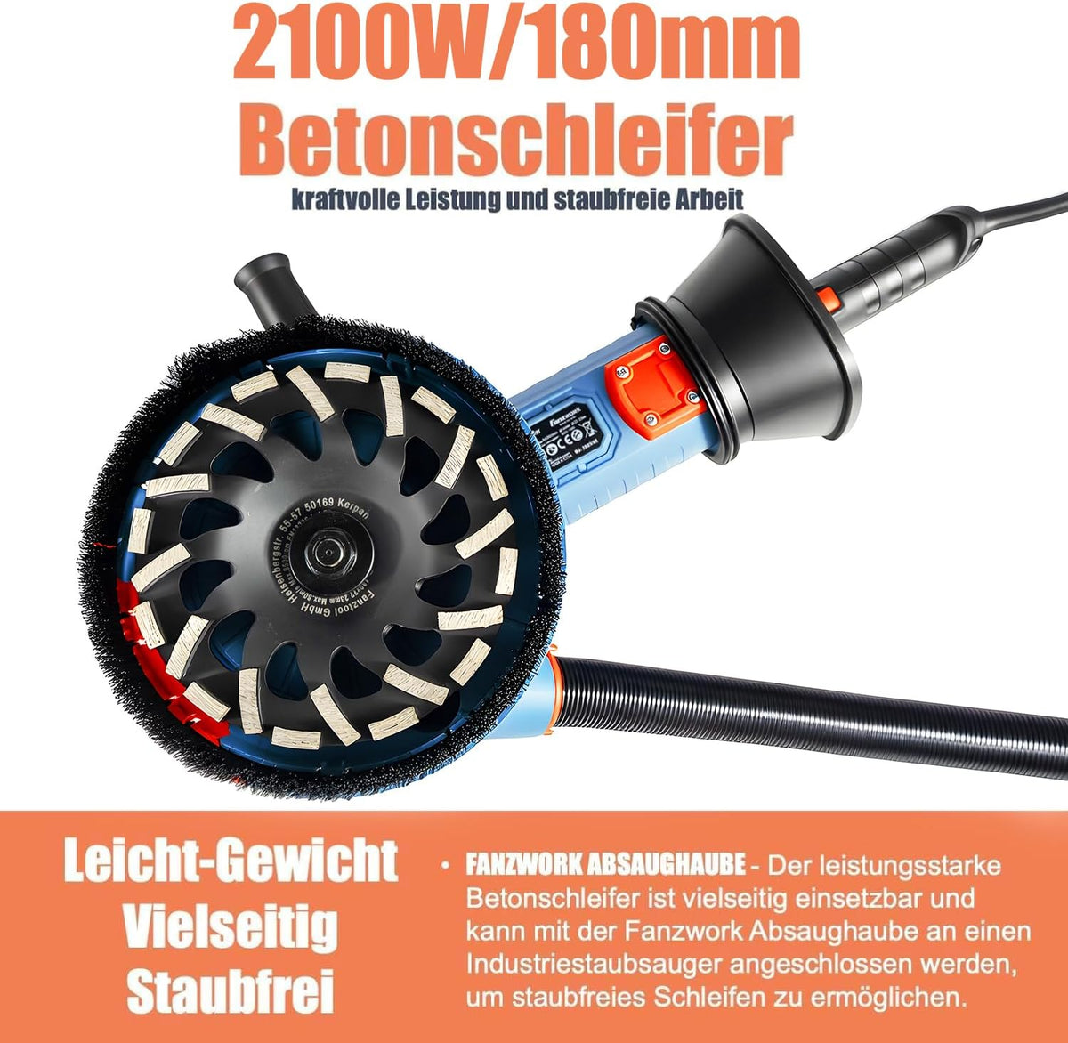 FANZWORK 2100 W/180 mm betonschuurmachine, betonfrees, incl. premium 180 mm diamantslijpkop *2, afzuigkap, T-vormige handgreep