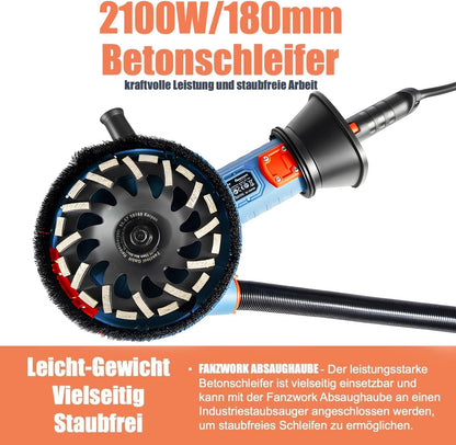 FANZWORK 2100 W/180 mm betonschuurmachine, betonfrees, incl. premium 180 mm diamantslijpkop *2, afzuigkap, T-vormige handgreep