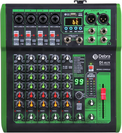 D Debra 6-Kanaals DJ Mixer, 99 DSP Effecten, USB/MP3 Ingang, 48V Fantoomvoeding, Ideaal voor DJ, Karaoke, Thuisstudio