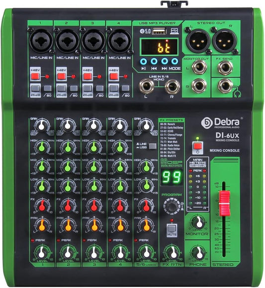 D Debra 6-Kanaals DJ Mixer, 99 DSP Effecten, USB/MP3 Ingang, 48V Fantoomvoeding, Ideaal voor DJ, Karaoke, Thuisstudio