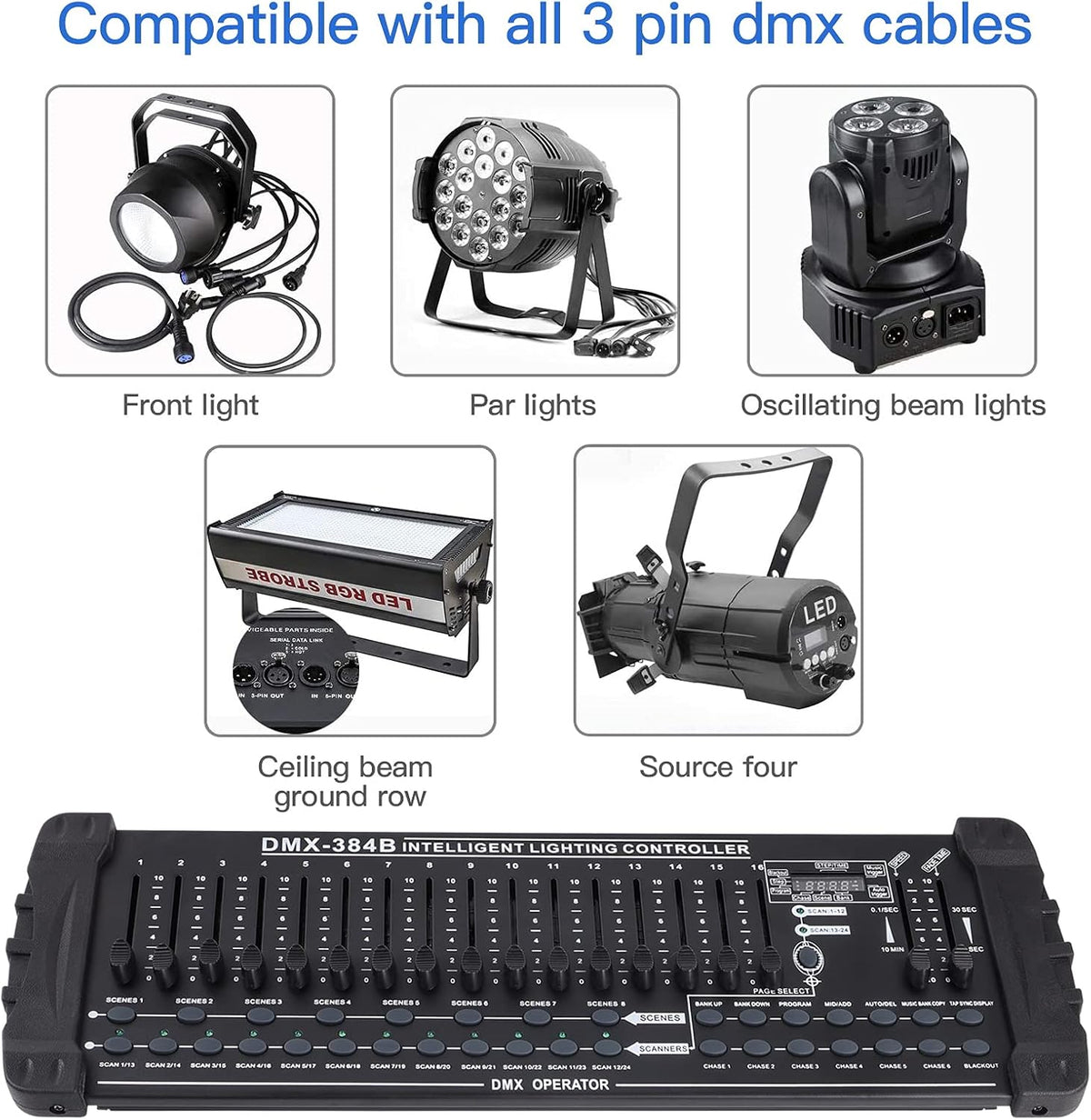 UKing DMX Controller, 384 kanalen, DMX512 controller, console, 240 programmeerbare scènes voor DMX besturing, DMX-lichtpult, party, DJ, disco, moving head, licht, podium, lamp, besturingsuitrusting