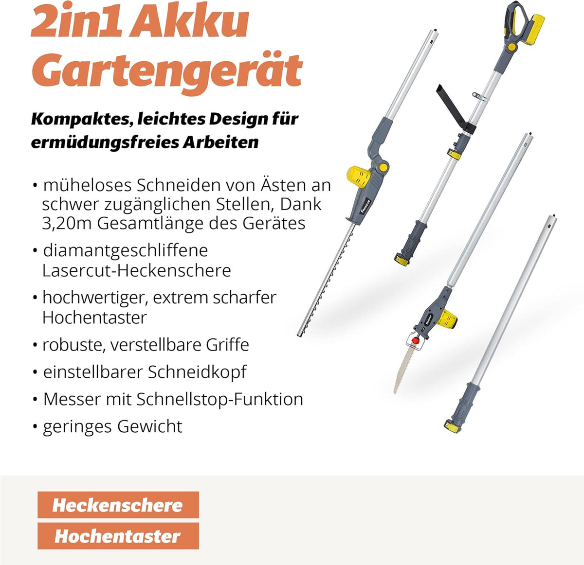 FANZTOOL 2-in-1 accu telescopische heggenschaar, hoogsnoeizaag, reciprozaag met 20 V/2 Ah Li-ion accu, snellader, 45 cm zwaardlengte, telescoopsteel tot 3,2 m, lichtgewicht zaag, ontworpen in JAPAN