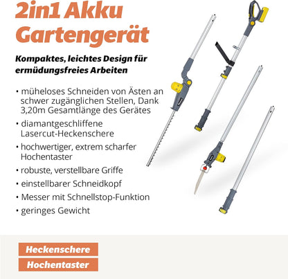 FANZTOOL 2-in-1 accu telescopische heggenschaar, hoogsnoeizaag, reciprozaag met 20 V/2 Ah Li-ion accu, snellader, 45 cm zwaardlengte, telescoopsteel tot 3,2 m, lichtgewicht zaag, ontworpen in JAPAN