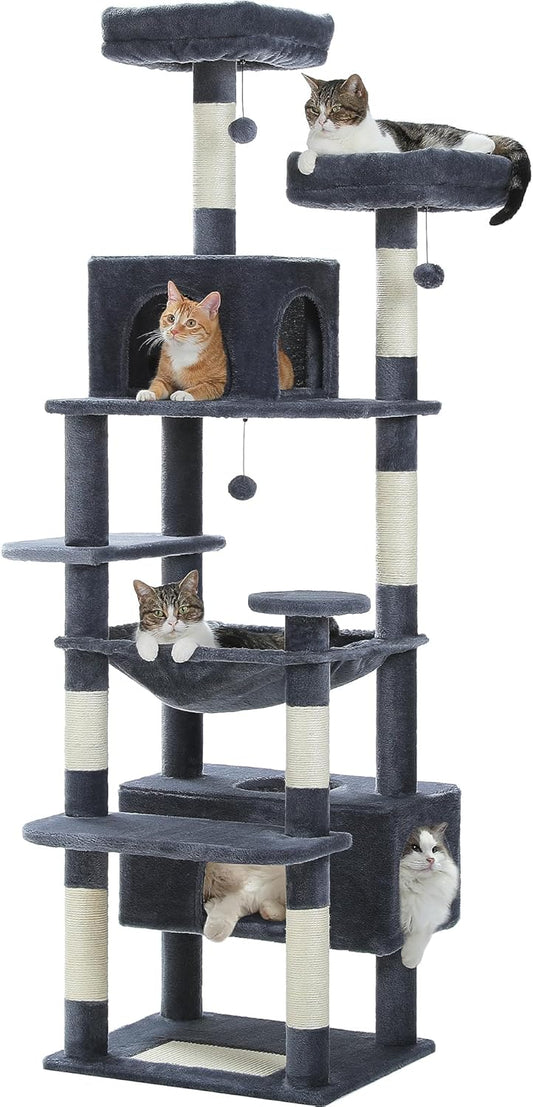 Pawz Road Large Scratching Post, 184 cm Cat Tower for Large Cats, Cat Enclosure with Scratching Posts and Pads Covered with Sisal Pads, 2 Padded Perches, Double Stay and Basket for Indoor Cats, Grey - QUORE