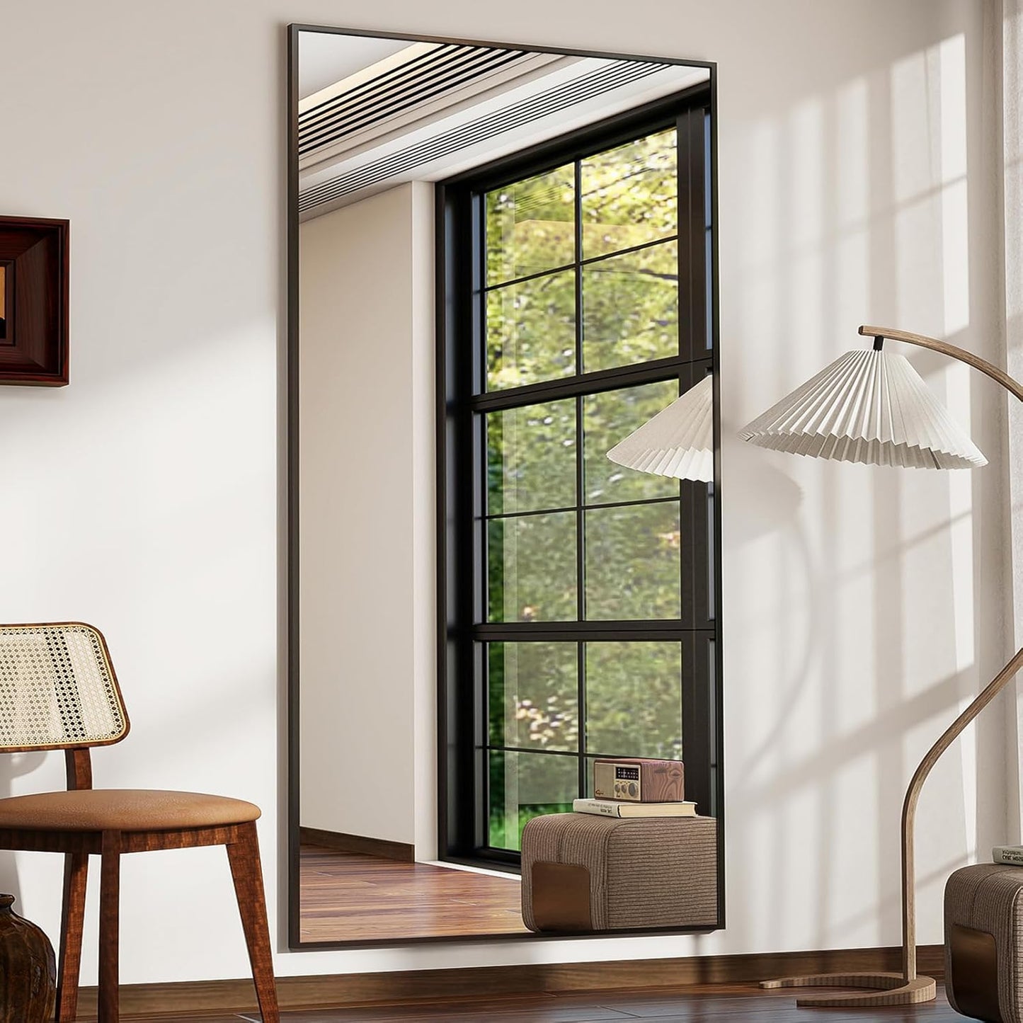 Koonmi 89 x 198 cm grote staande spiegel, robuuste full-body spiegel met minimalistisch smal aluminium frame, moderne grote wandspiegel, staand of hangend voor woonkamer en slaapkamer, zwart